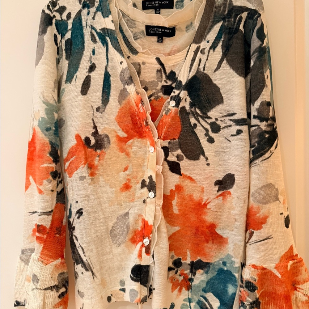 Jones New York Cream Cardigan and Matching Tank with Orange & Teal Floral Print